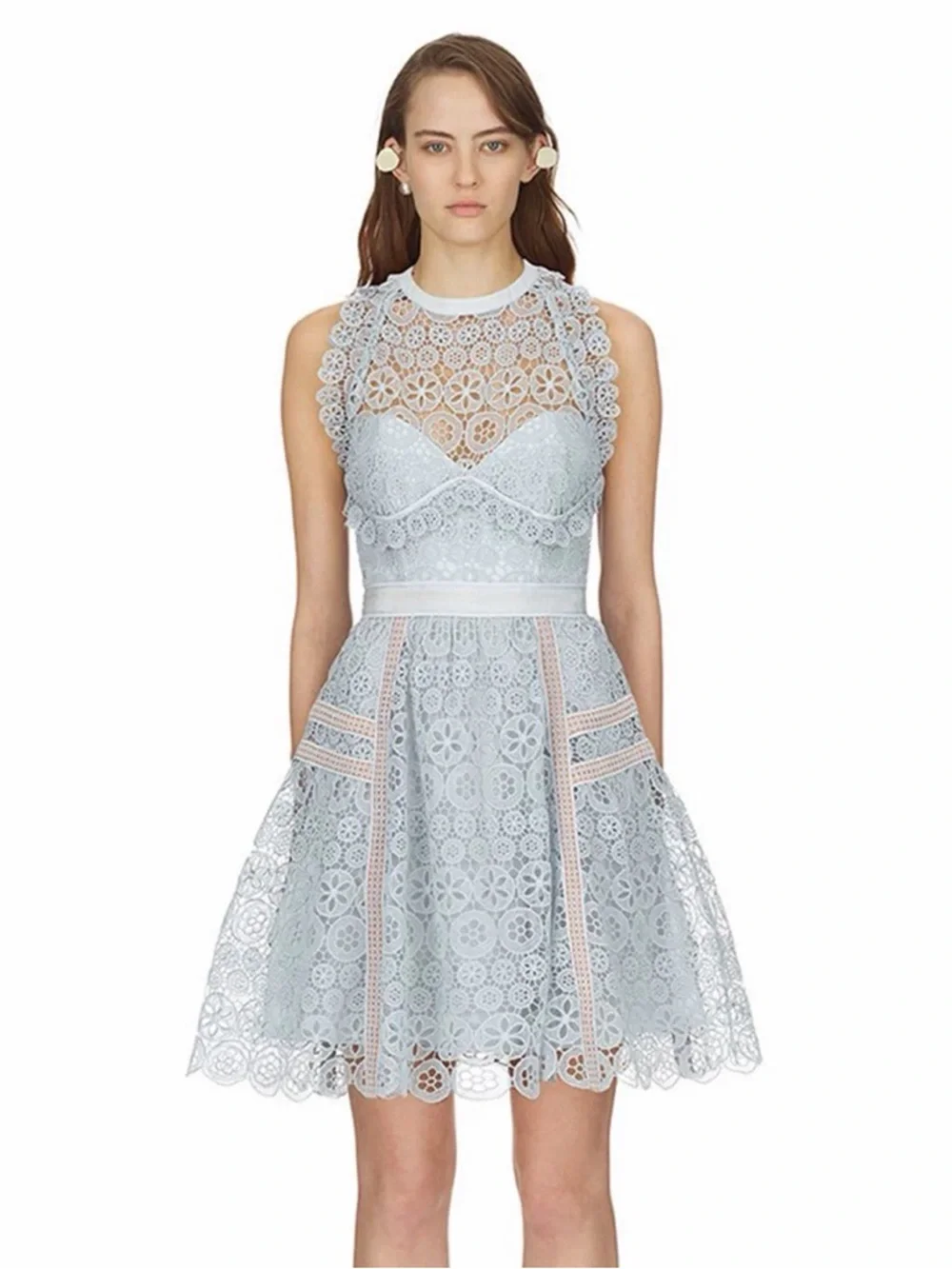 NWT STEAL SELF-PORTRAIT BLUE LACE HALTERNECK MINI DRESS Size 0 - Picture 7 of 8